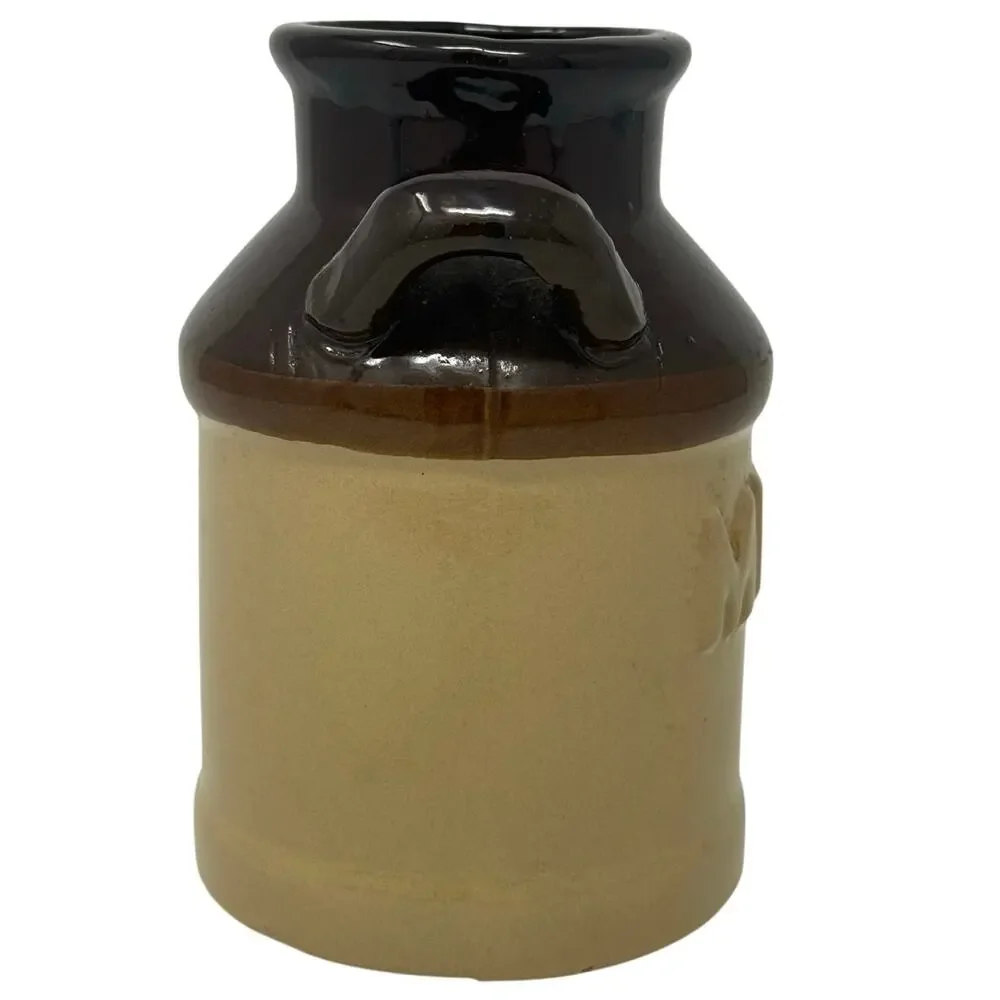 Vintage 70s Stoneware Milk Jug Brown Tan Glaze Rustic Farmhouse Decor